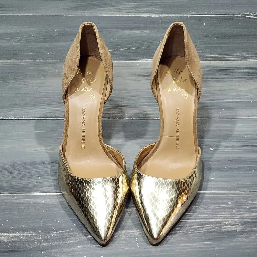 Banana Republic Alicia D'Orsay Heels Pumps Gold Tan Suede Size‎ 7 M Stacked Heel